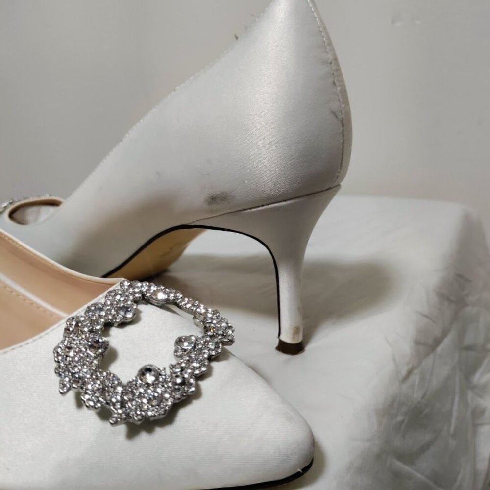 Nina Neya Satin Mid-Heel Wedding Dainty Lux Twee Pump W/ Jeweled Buckle Ivory 10 - Picture 7 of 13